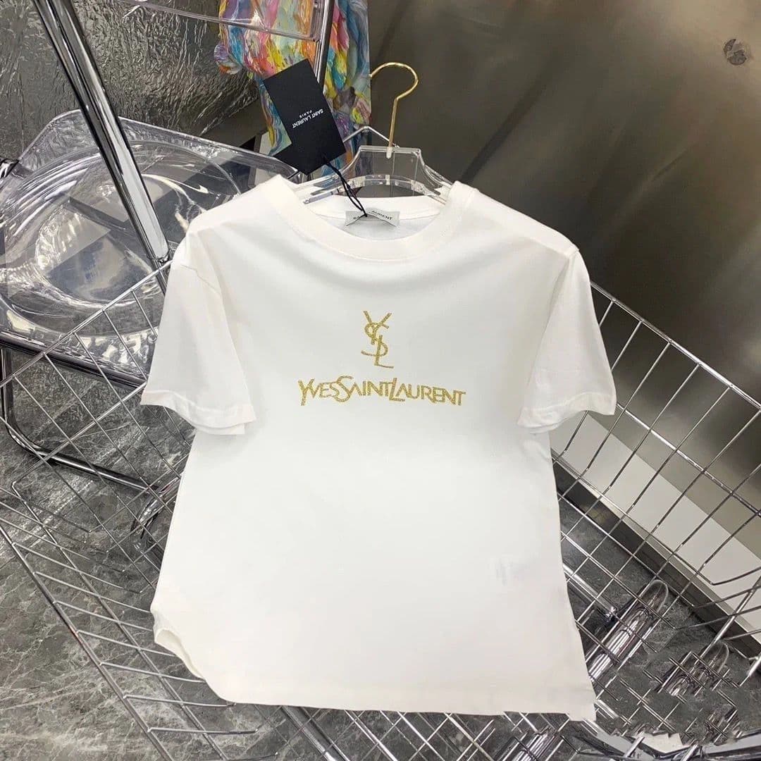T-shirt d'été tendance pour femme, coupe slim, en coton imprimé Saint Laurent, col rond, manches courtes.