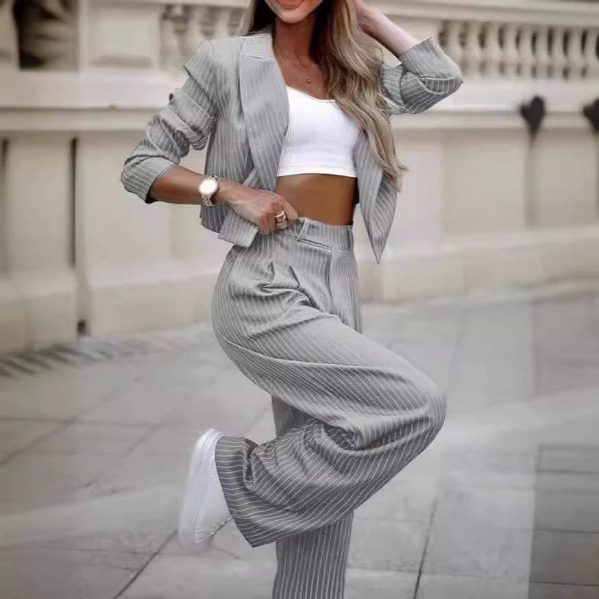 Women's Casual Striped Short Lapel Suit Straight