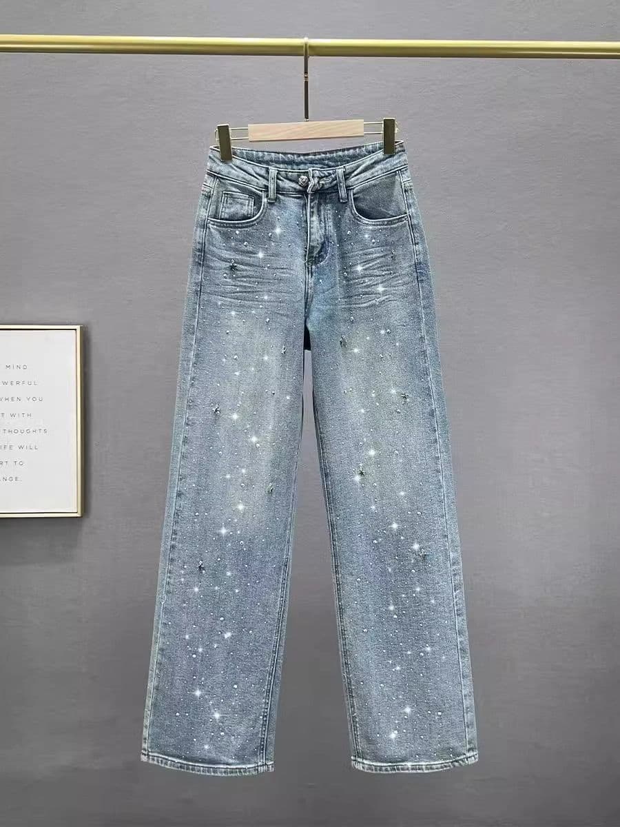 Handsome Heavy Duty Star Studded Hot Diamond Jeans For Women New Spring Style High Waist Loose And Slim All Match Straight Leg Floor Length Pants