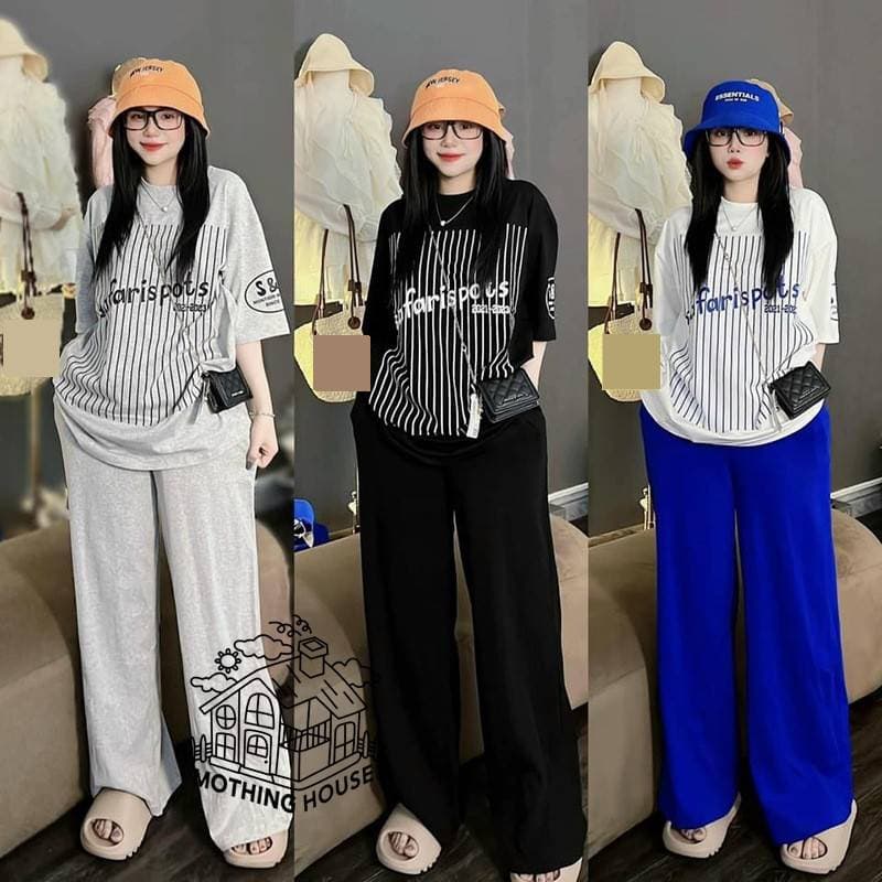 Women's Summer Striped Print Two Piece Set Wide Leg Pants Casual Plus Size Short Sleeve Top And Bottoms Ensemble