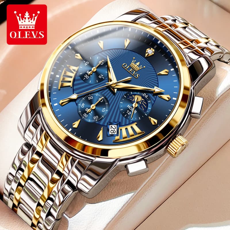 Olevs Men's Watch Multifunctional Fashion Quartz Watch New Steel Strip Waterproof Calendar Watch