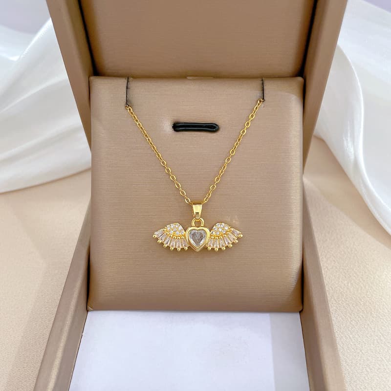 316L Stainless Steel Gold Plated Punk Romantic Angel's Wings Pendant Necklace For Women Lover Princess Birthday Jewelry