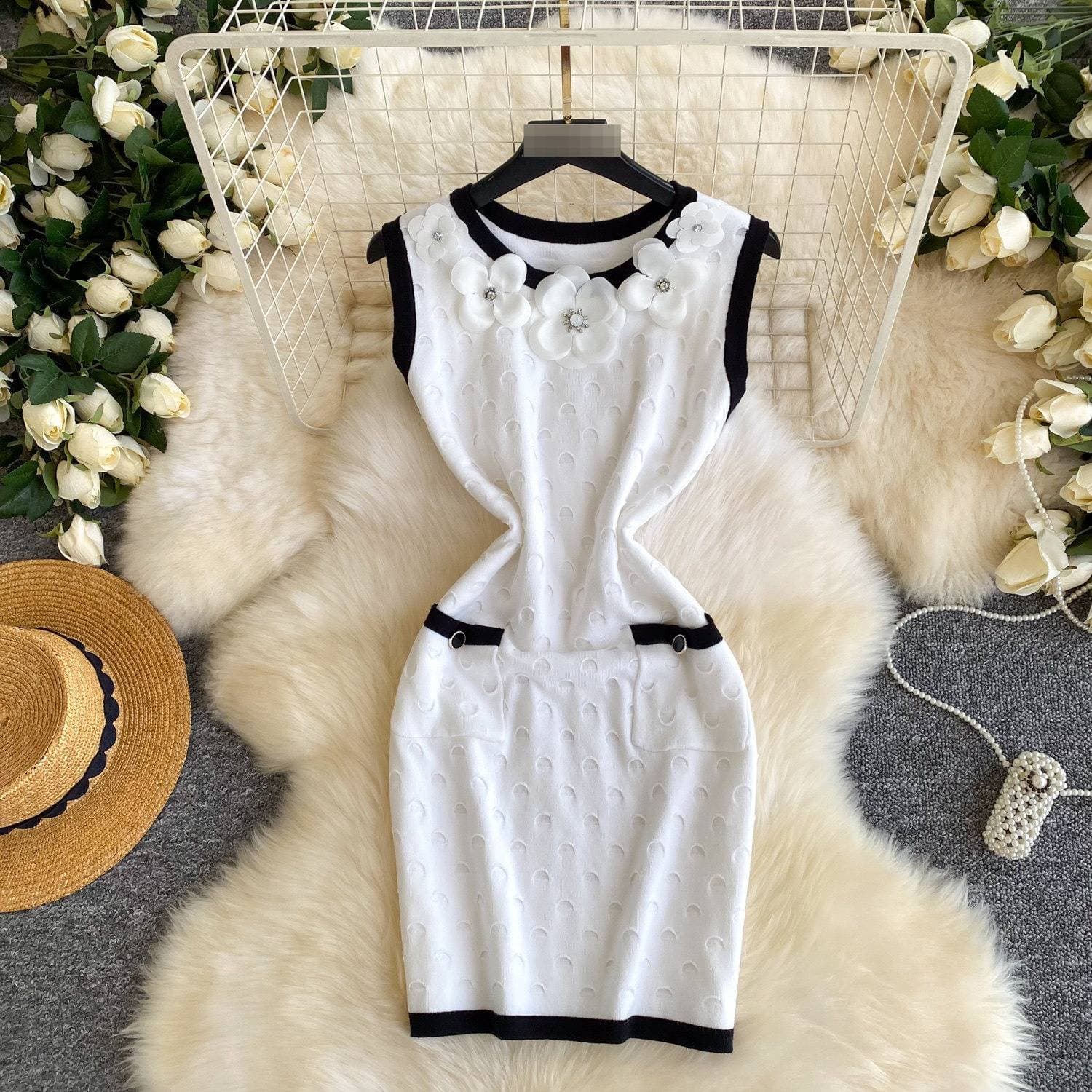 Chanel Inspired Sleeveless Knit Dress 3D Floral Design Slim Fit A-Line Skirt Elegant Summer Style for Women