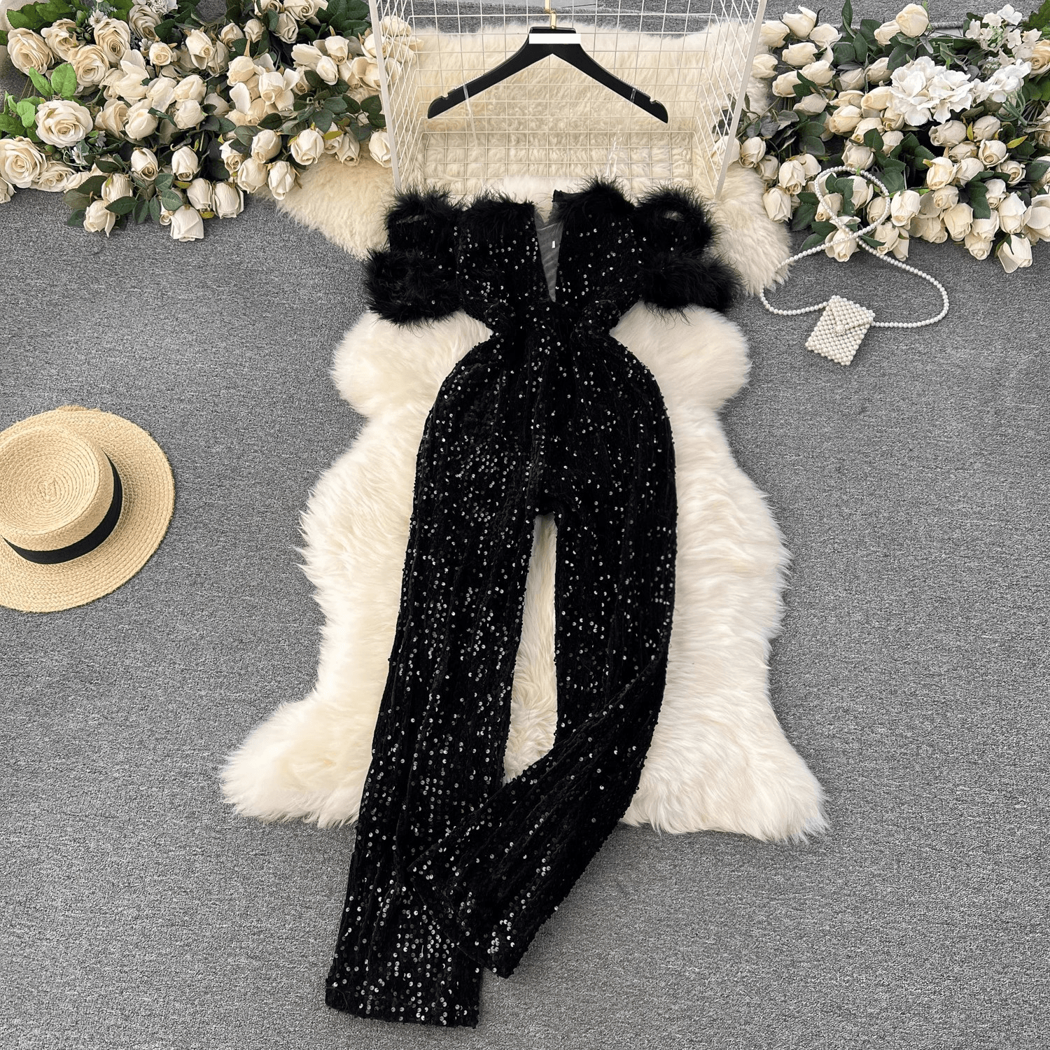 Women's Clothing elegant temperament jumpsuit female ins wear one shoulder fur splicing sequins slim trousers