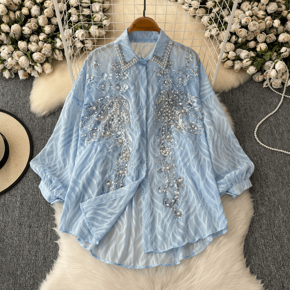 Women's Clothing Fashionable And Age Reducing Shirt Heavy Sequin Embroidery Diamond Studded Versatile High End Lantern Sleeve Slimming Top Trend