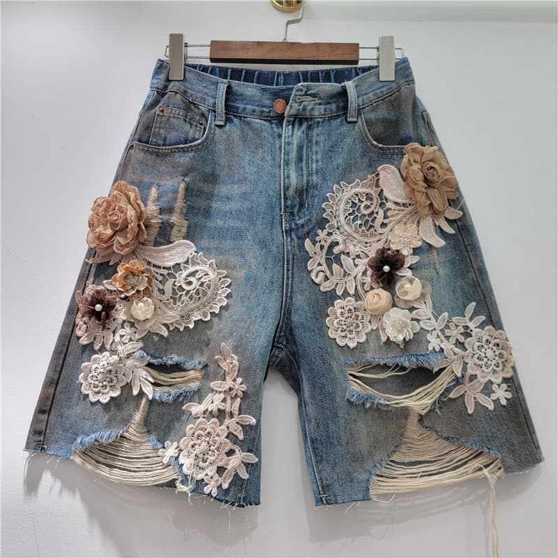 2025 Summer New Niche Lace Flower Stitching Drawing Hole Rhinestone Back Elastic Waist Trendy Cool Denim Shorts