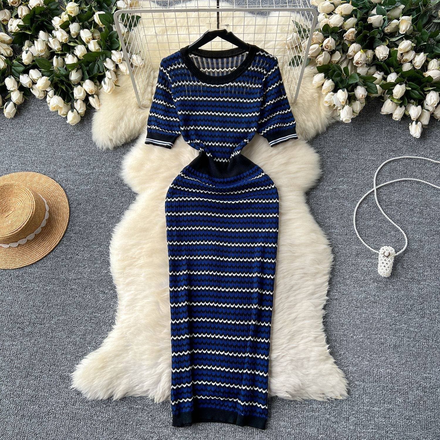 Women's Clothing Summer new niche retro contrast color striped knitted dress