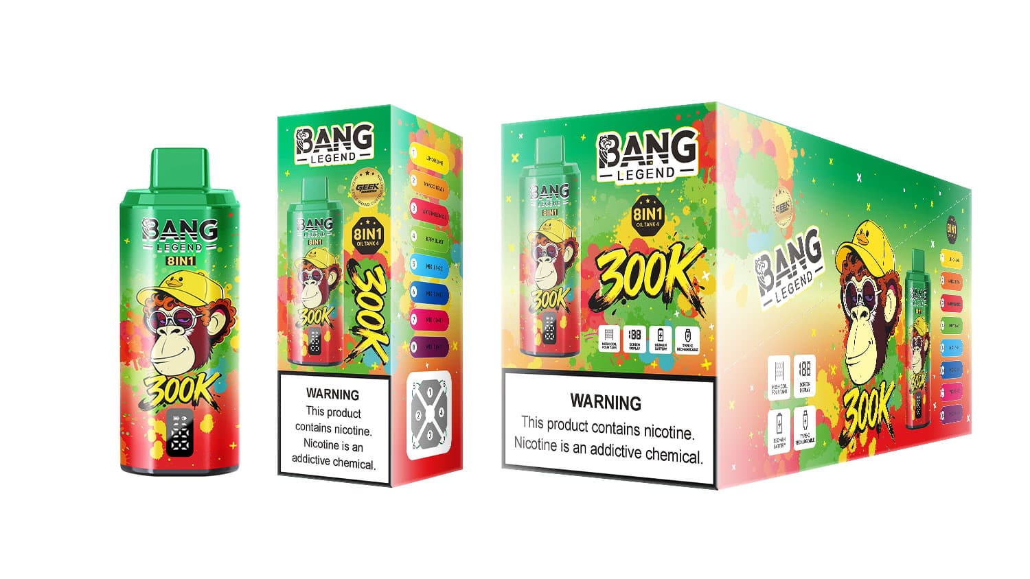 Bang Legend 300K 8 en 1 Vape jetable à huile de chicha, réservoir, 4 grands écrans numériques de comptage des bouffées, charge rapide USB-C, bat
