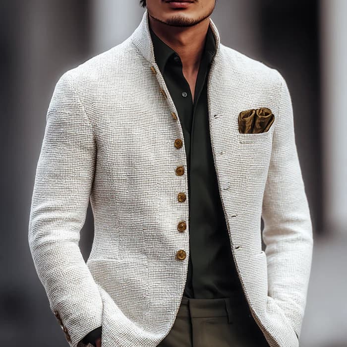Men's Clothing Men's Slim Fit Stand Collar Jacket With Button Closure & Pockets, Casual Long Sleeve Blazer For Business & Daily Wear