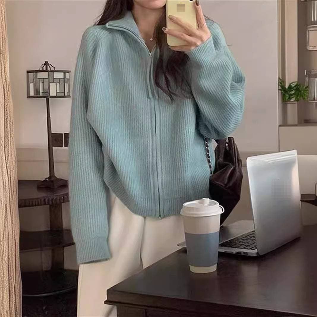 Women's Stand Collar Ribbed Knit Cardigan – Dual-Zipper Soft Oversized Sweater (Cozy Fall/Winter Coatigan, Slimming Layering Piece)