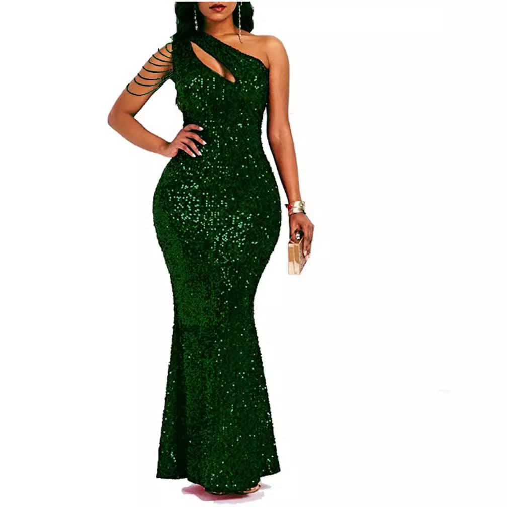 Women's fashion sequined one-shoulder solid color backless fishtail sequined dress evening dress