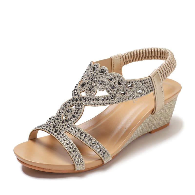 Wedge Fashion Sandals New Bohemian Style Retro Rhinestone Elastic Band Roman Shoes