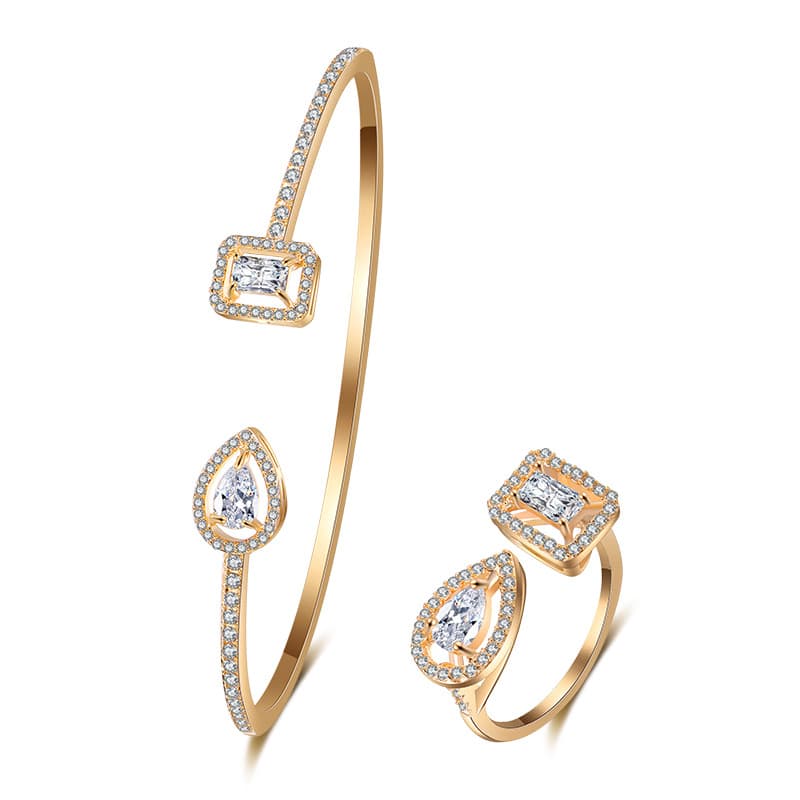Women's Jewelry Open End Teardrop Full Diamond Zircon Bracelet Ring Two Piece Set High Grade Square Diamond Adjustable Jewelry Hand Jewelry