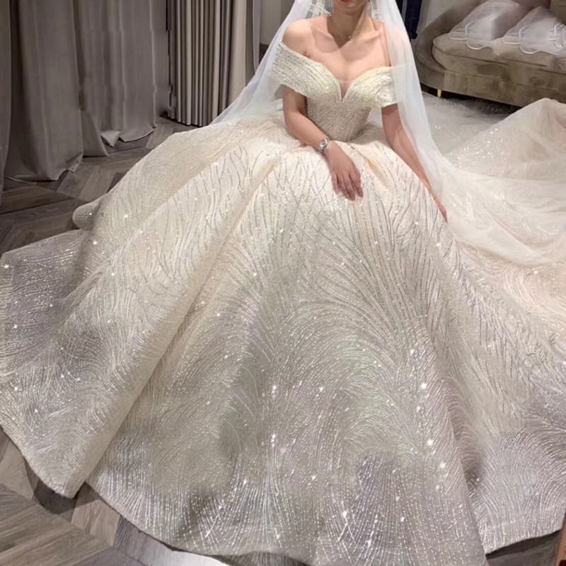 Women's Fantasy Starry Sky Bride Main Wedding Dress One Shoulder Wedding Dress High Waist Luxurious Trailing Dress