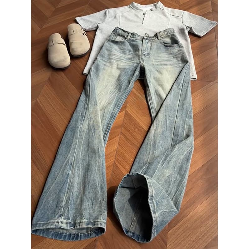 Bursting Lightning Pattern Jeans Men's Straight Loose American High Street Pants Trendy Brand Ruffian Handsome Heavy Industry Micro-pull Pants