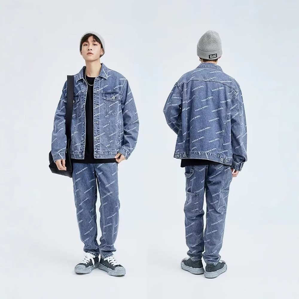 Men's Clothing Cashew Flower Embroidered Denim Suit Men's Spring Wear New Large Size Fat Man Loose Trendy Brand Cool