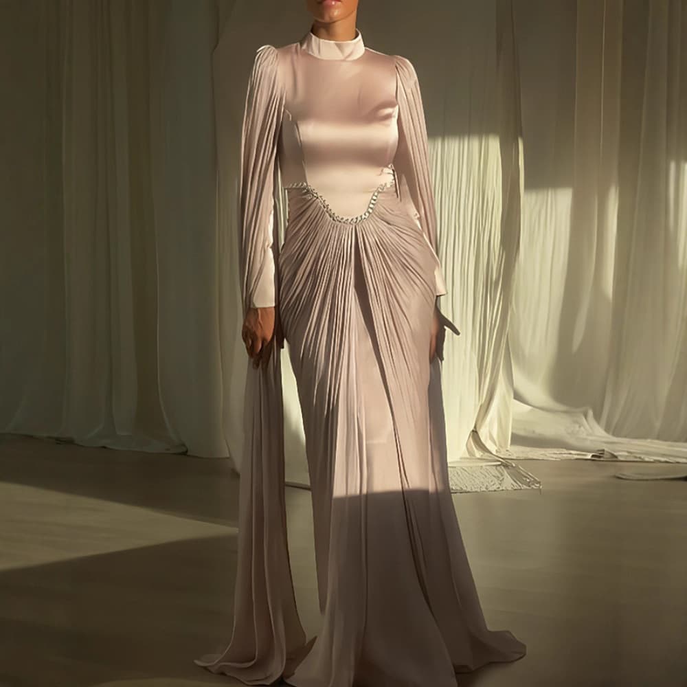Elegant Long Sleeve Evening Gown With Rhinestone Embellishments For Women – Slim Fit Formal Dress For Weddings & Special Occasions (S-XXL)​