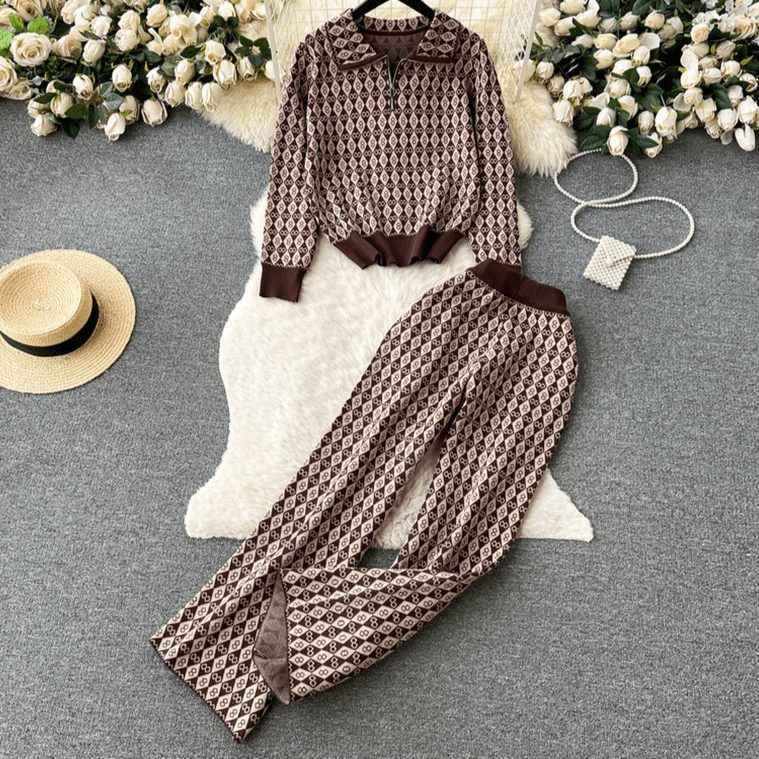 Women's Clothing Fashion suits casual lapel knitted sweater wide leg pants knitted two piece suit