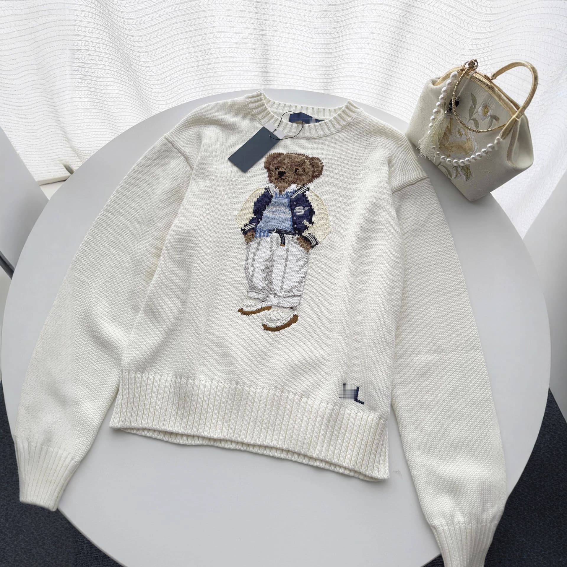 Pull en maille à col rond, 25 ans, ours, automne-hiver, 100% coton, broderie épaisse, motif dessin animé, code QR scannable.
