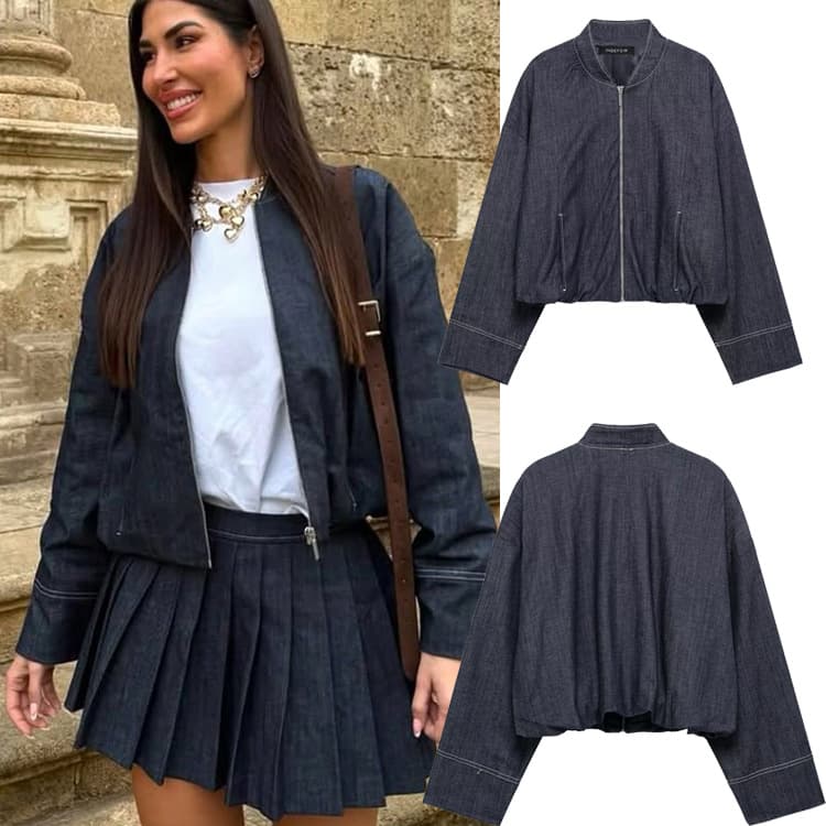 Women's Spring And Autumn New Fashion Zipper Stand Collar Denim Bomber Jacket