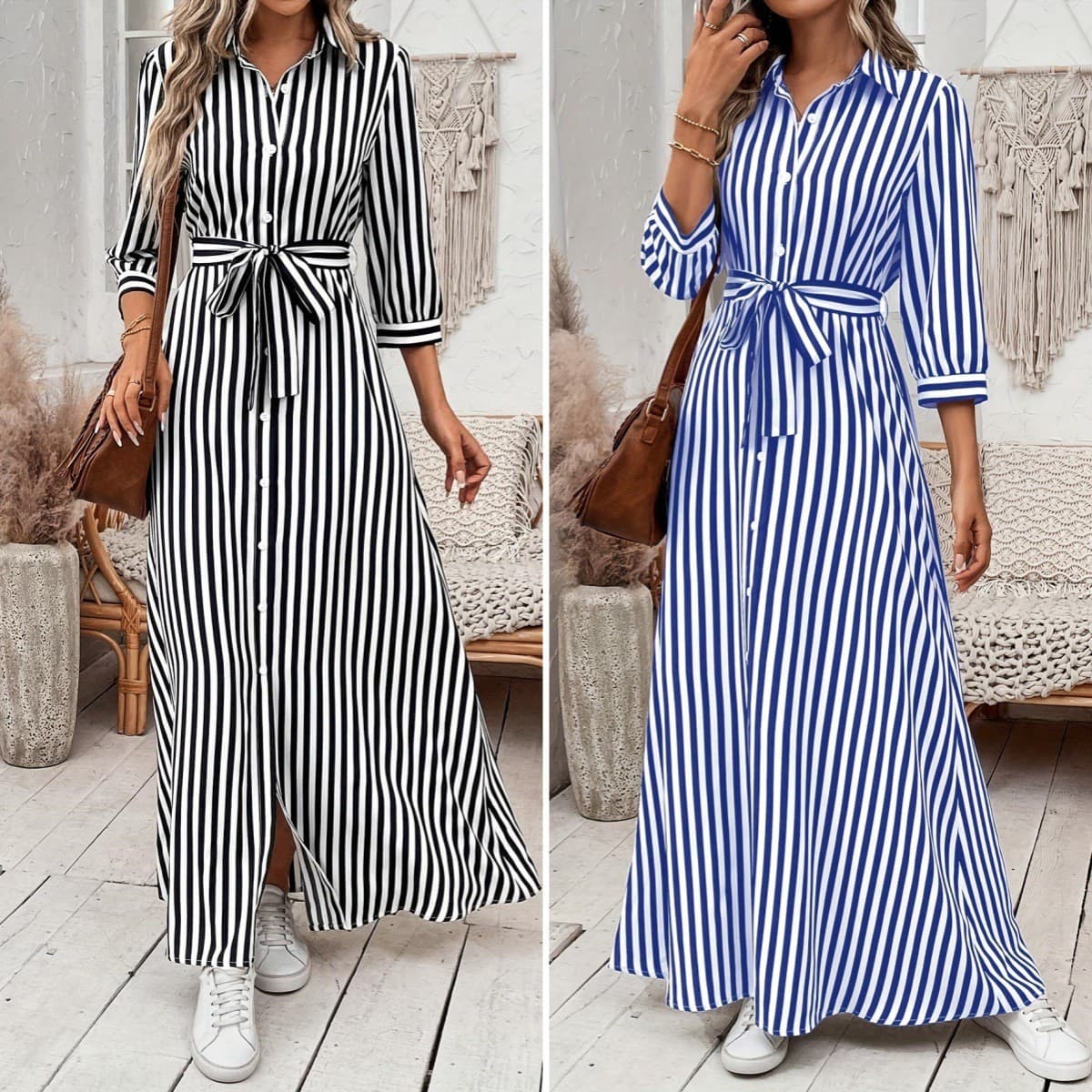 Women's Long Sleeve Striped Shirt Dress - Stylish Office Wear & Casual Spring Outfit With Button Front & Flowy Design