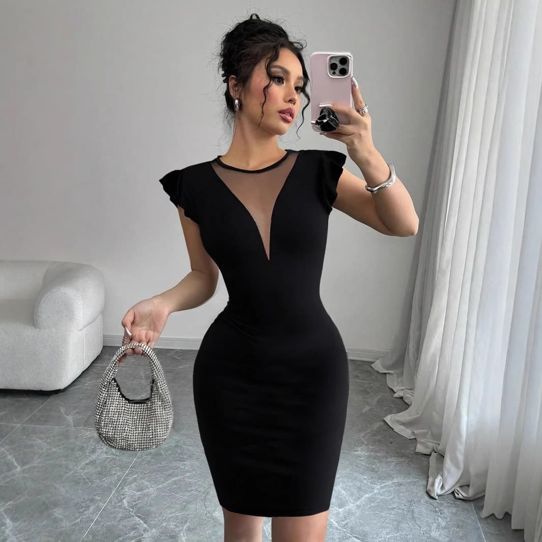 2025 New Solid Color Round Neck Elegant Slim Fit Dress Female Summer High End