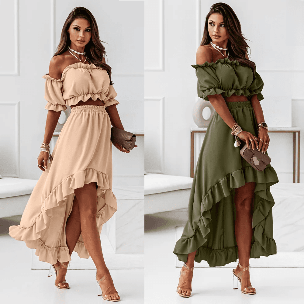 Women's New One-line Collar Ruffle Skirt Suit Casual Irregular Short-sleeved Two-piece Set