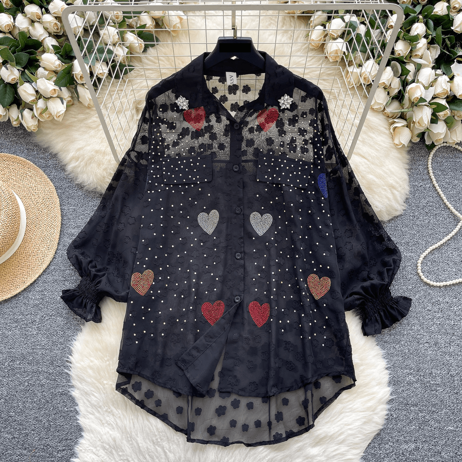 Women's Clothing Light Luxury Style High Grade Lantern Sleeve Shirt For Women In Summer Mesh Hot Diamond Loose Flesh Covering Design Temperament Top