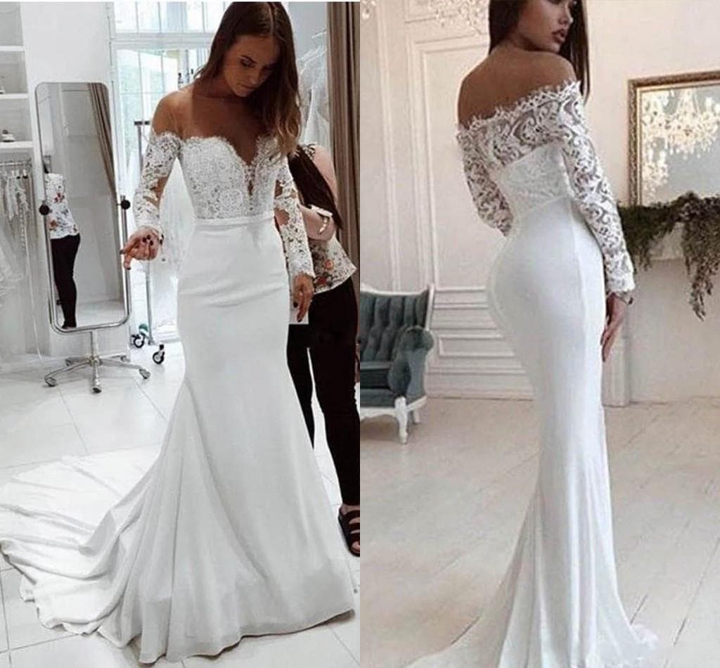 One shoulder lace long sleeve wedding dress