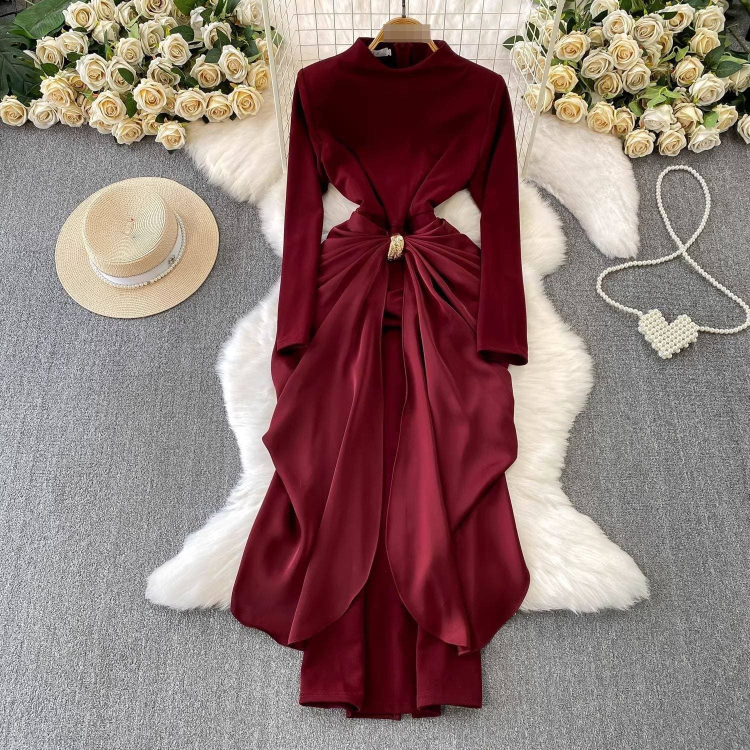 Women's Clothing Luxury Asymmetrical Midi Dress – Crinkle Polyester Evening Gown (S-XXL, Wine/Black)