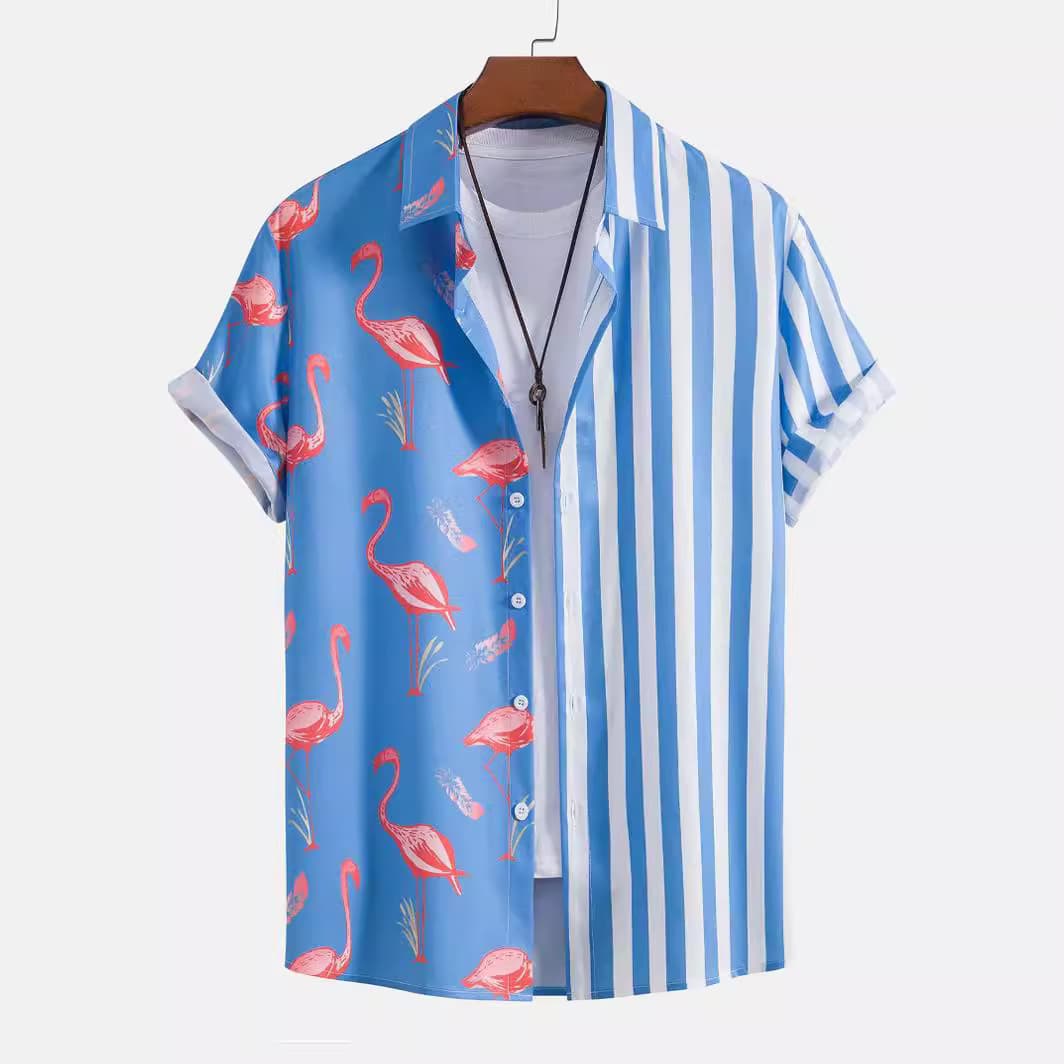 Men's Clothing Hawaiian flamingo stripes 3D digital printing men's short-sleeved shirt Amazon TEMU hot sale