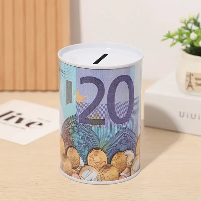1Pc Euro Currency Savings Jar With Realistic Currency Design, Heavy-Duty Tinplate Construction, For Home/Office/Party Decor - European