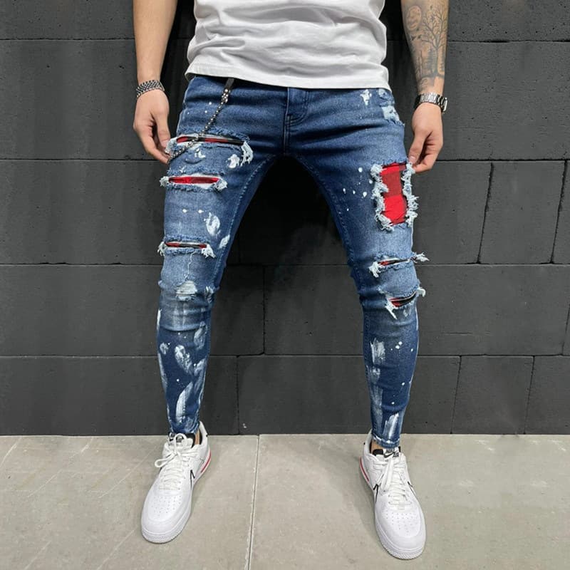 Vêtements pour hommes Jeans pour hommes personnalité déchiré Patch imprimé petit pied jean