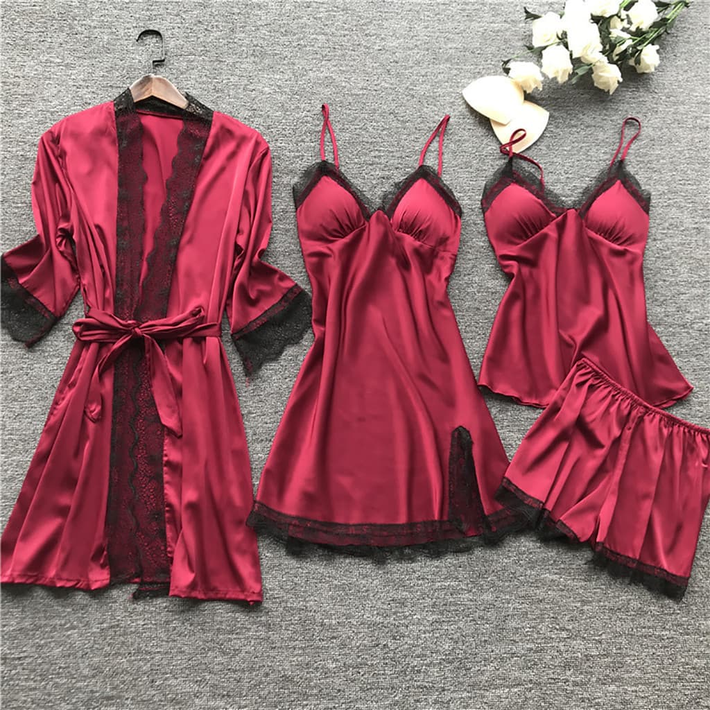 Cross border pajamas female sexy pajamas four piece Korean version suspender pajamas female home clothes with chest pad nightgown 2103