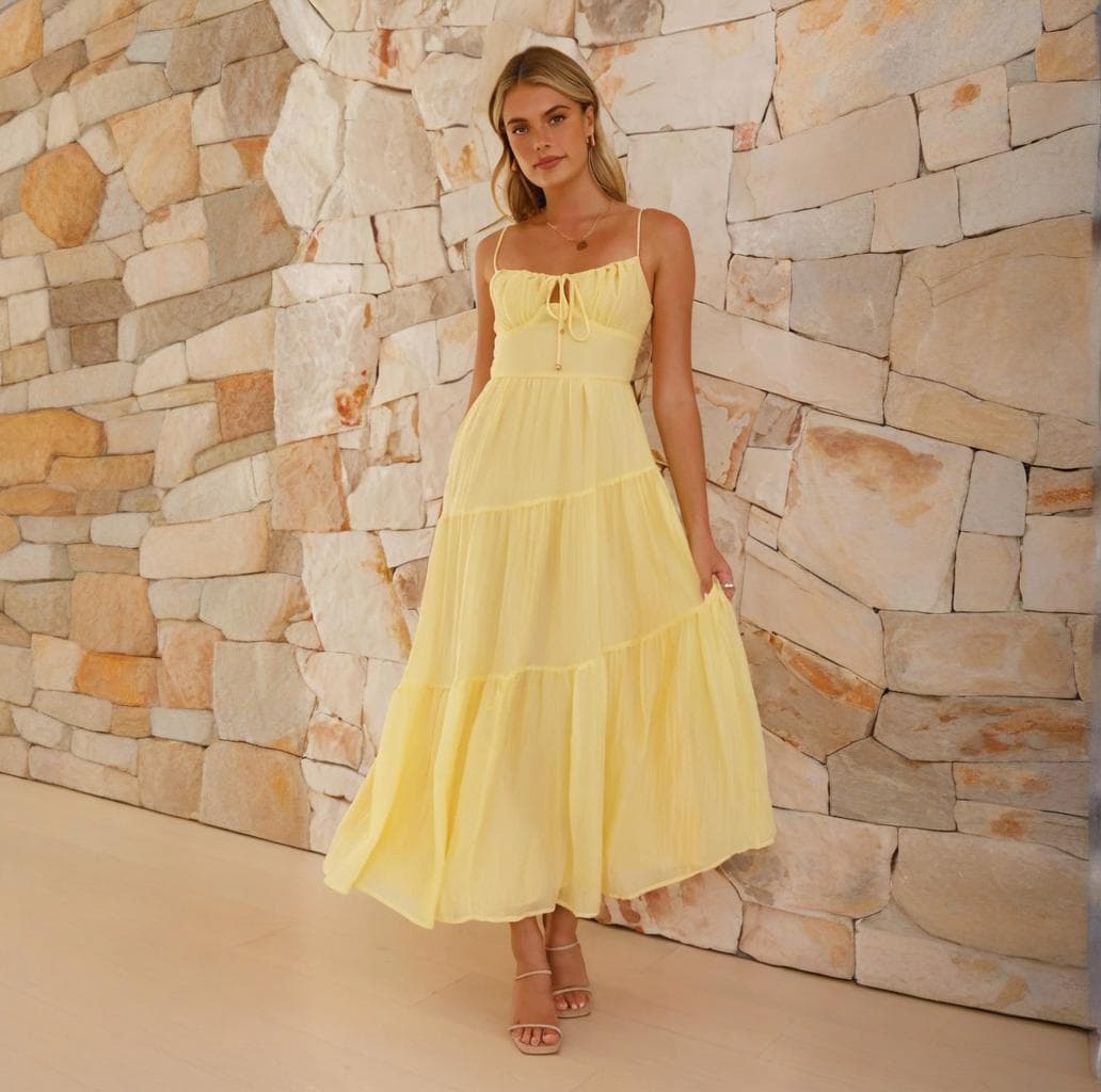 Women’s Clothing Women's New Sleeveless Splicing Suspenders Long Backless Lace Up Big Swing Dress
