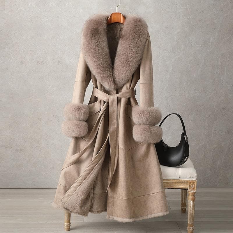 Women's Clothing New Mid Length Fur Women's Over The Knee Faux Fox Fur Collar Coat Slim Fit