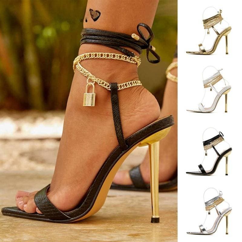 Women's Shoes Cross Straps Metal Chain Pointed Electroplated Heels Large Size Women's Shoes High Heel Sandals