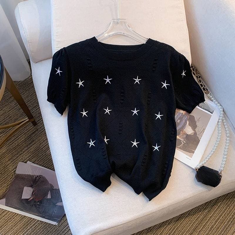 Women's Clothing New Summer Design Star Round Neck Short Sleeved T Shirt Thin Ice Silk Knitted Women