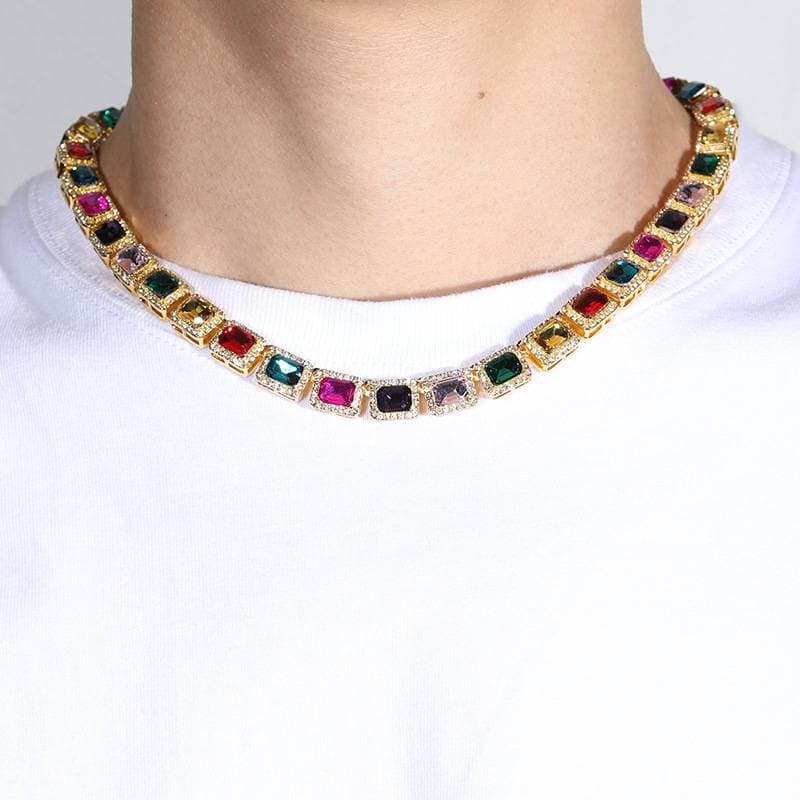 Zircon style colorful Cuban chain men's trendy hip hop necklace personality jewelry