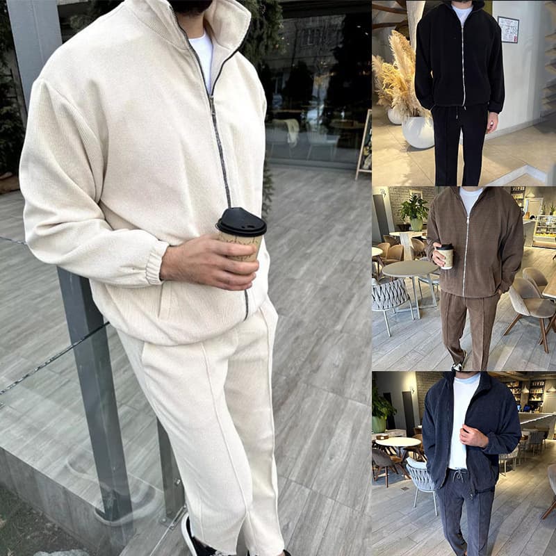 Men's Clothing Casual Lapel Zipper Solid Color Jacket And Trousers Two Piece Suit
