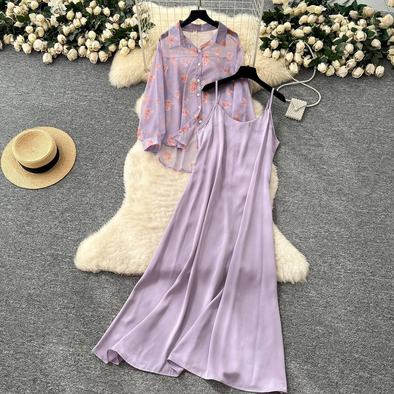 Women's Clothing Seaside Holiday Style Solid Color Slim Suspender Dress Floral Thin Long Sleeved Sunscreen Shirt Top Suit