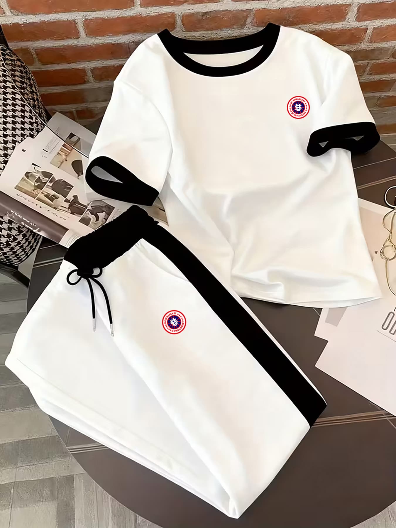 Women's Casual Sporty Two-Piece Set Short Sleeve Top Comfortable Pants Black White-12