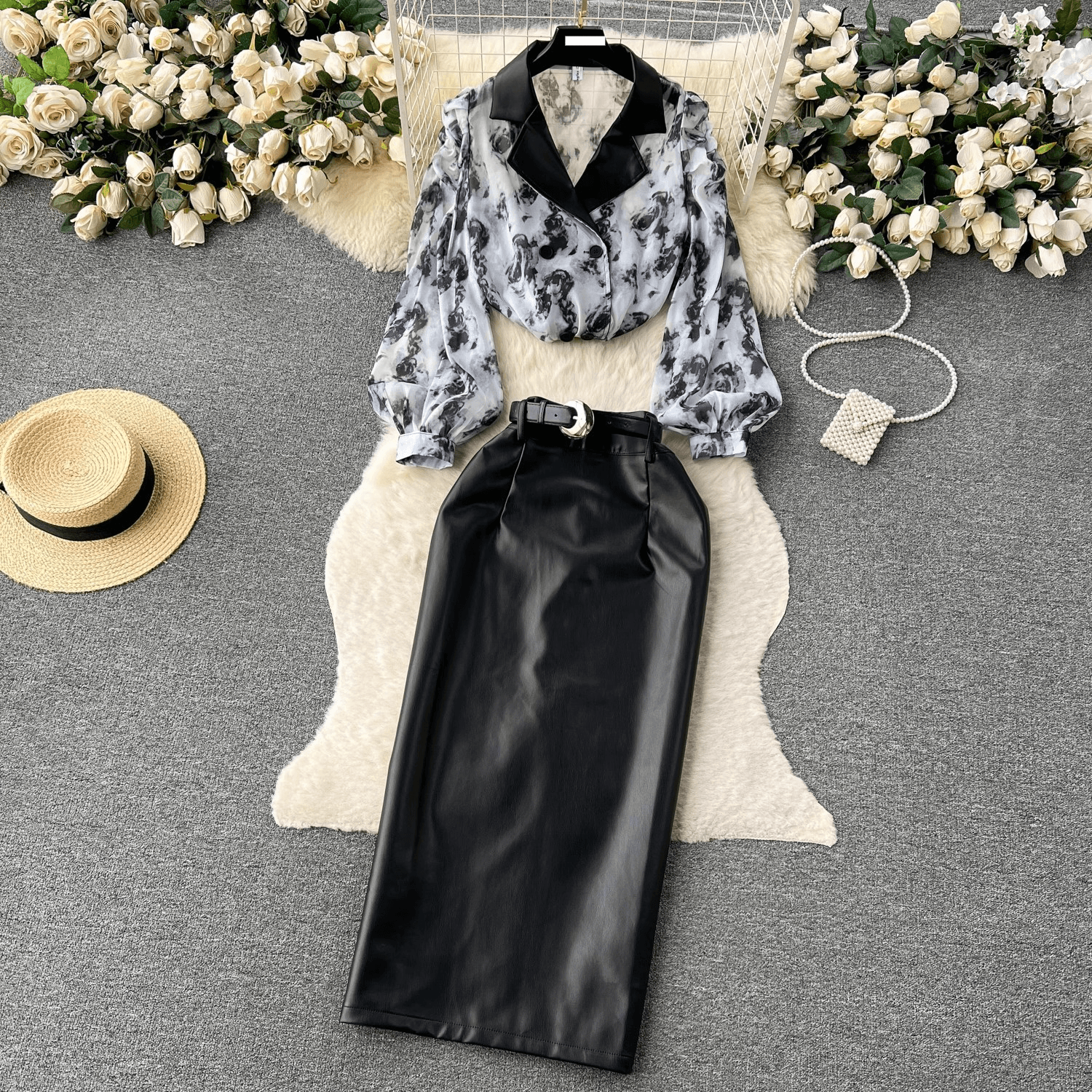 Women's Clothing Hong Kong style chic suit collar floral chiffon shirt high waist tight PU leather skirt female high end outfit two piece suit
