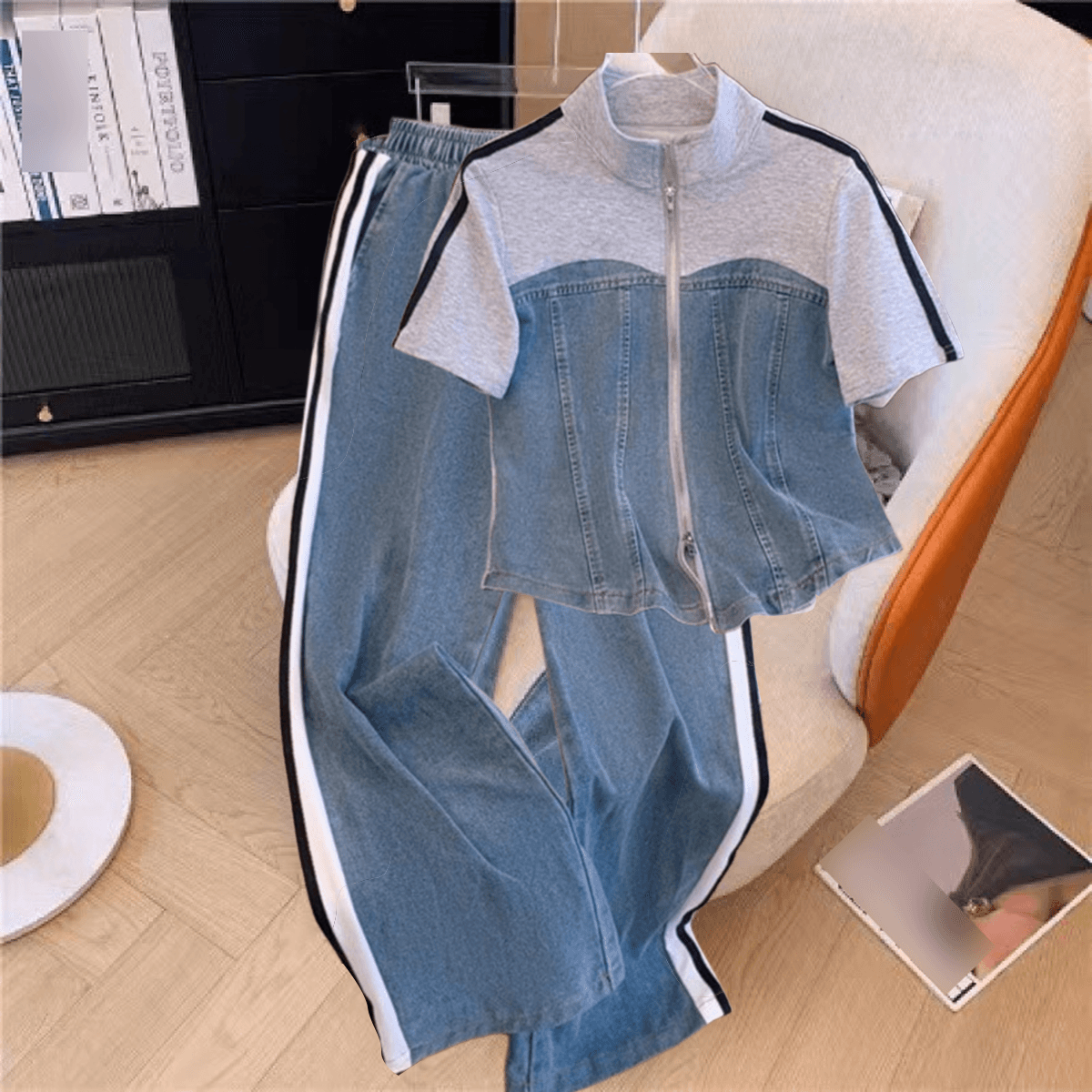 Women's Clothing Stylish And Slim, Denim Splicing, Contrasting Colors, Casual Straight Pants, Popular Two Piece Suits