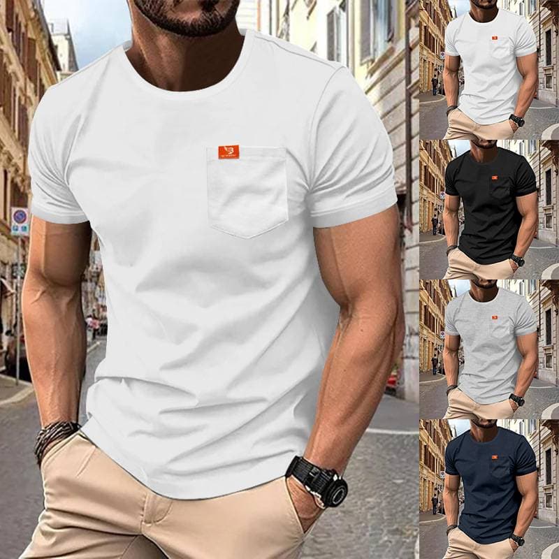 America New Daily Versatile Trendy Heavy Leisure Men's Large Size Round Neck Short -sleeved T -shirt Simple Slim Pure Color
