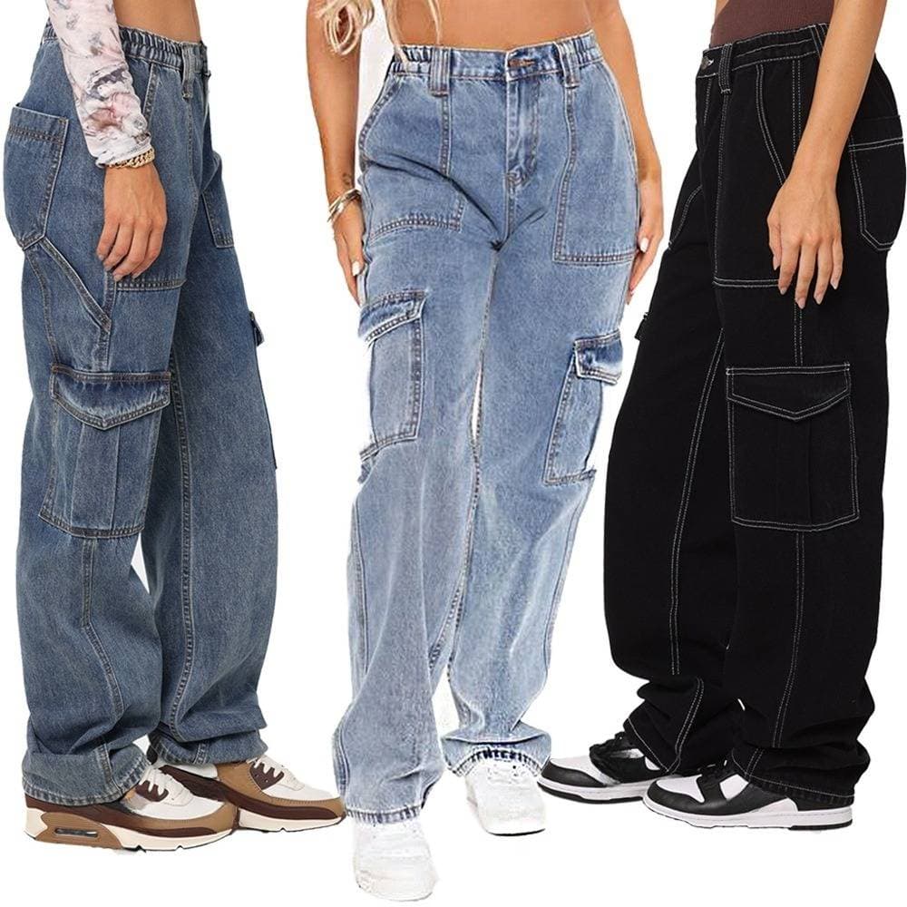 Women's Clothing Women's High Waisted Elastic Waistband Waist Cut Pants Loose Wide Leg Workwear Multi Pocket Jeans