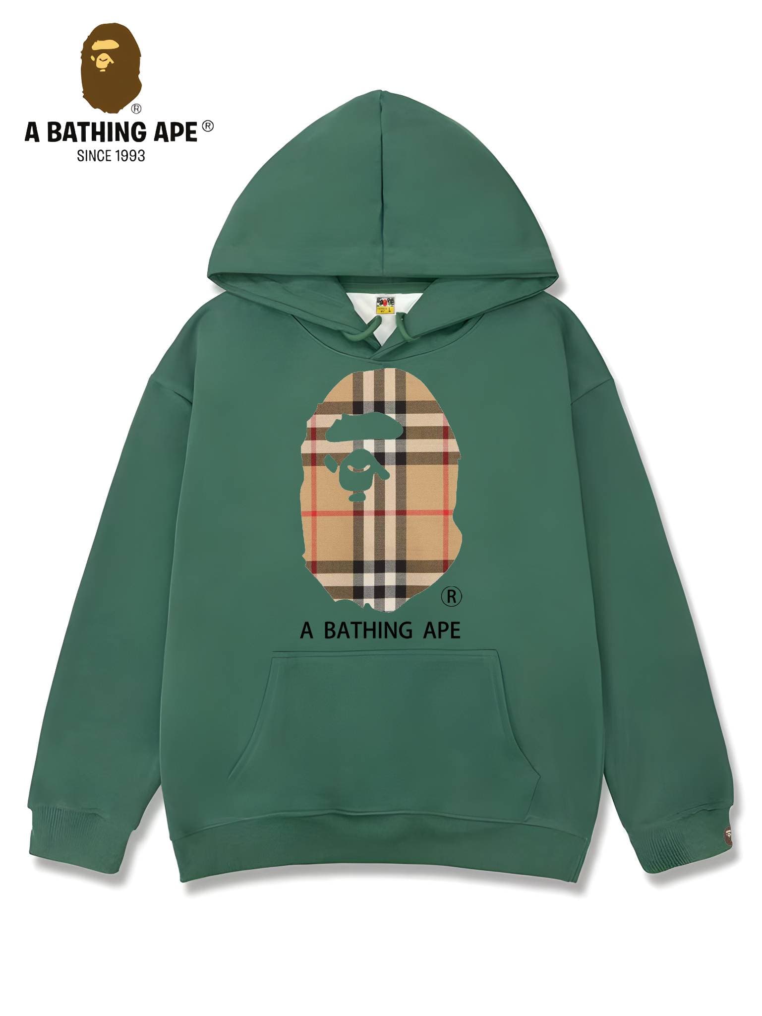 Sweat à capuche unisexe imprimé tête de singe à rayures et logo imprimé, collaboration BAPE-BAPE&BURBERRY