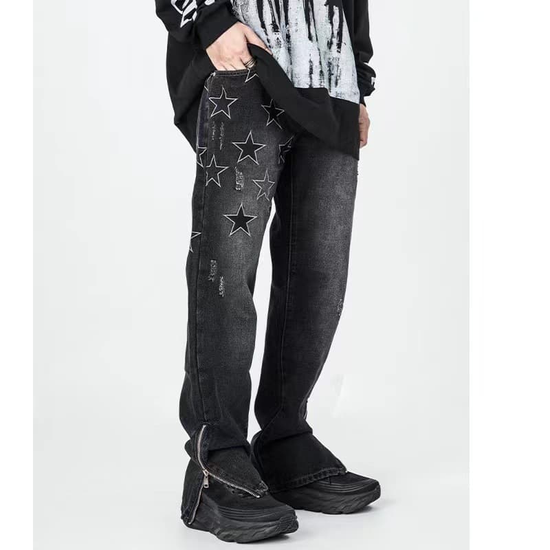 American High Street Star Embroidered Jeans Men's Winter Design Ins Trendy Brand Zipper Open Loose Straight Leg Pants