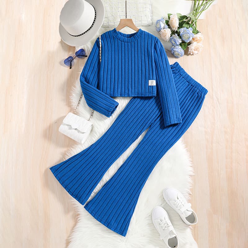 Girls Knitted Suits Children's Clothing Spring New Models Children's Striped Long Sleeved Tops Flared Pants Two Piece Suit