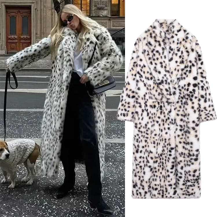 Women's Faux Fur Coat With Leopard Print, Thickened Warm Long Sleeve Oversized Jacket For Winter, Streetwear Fashion